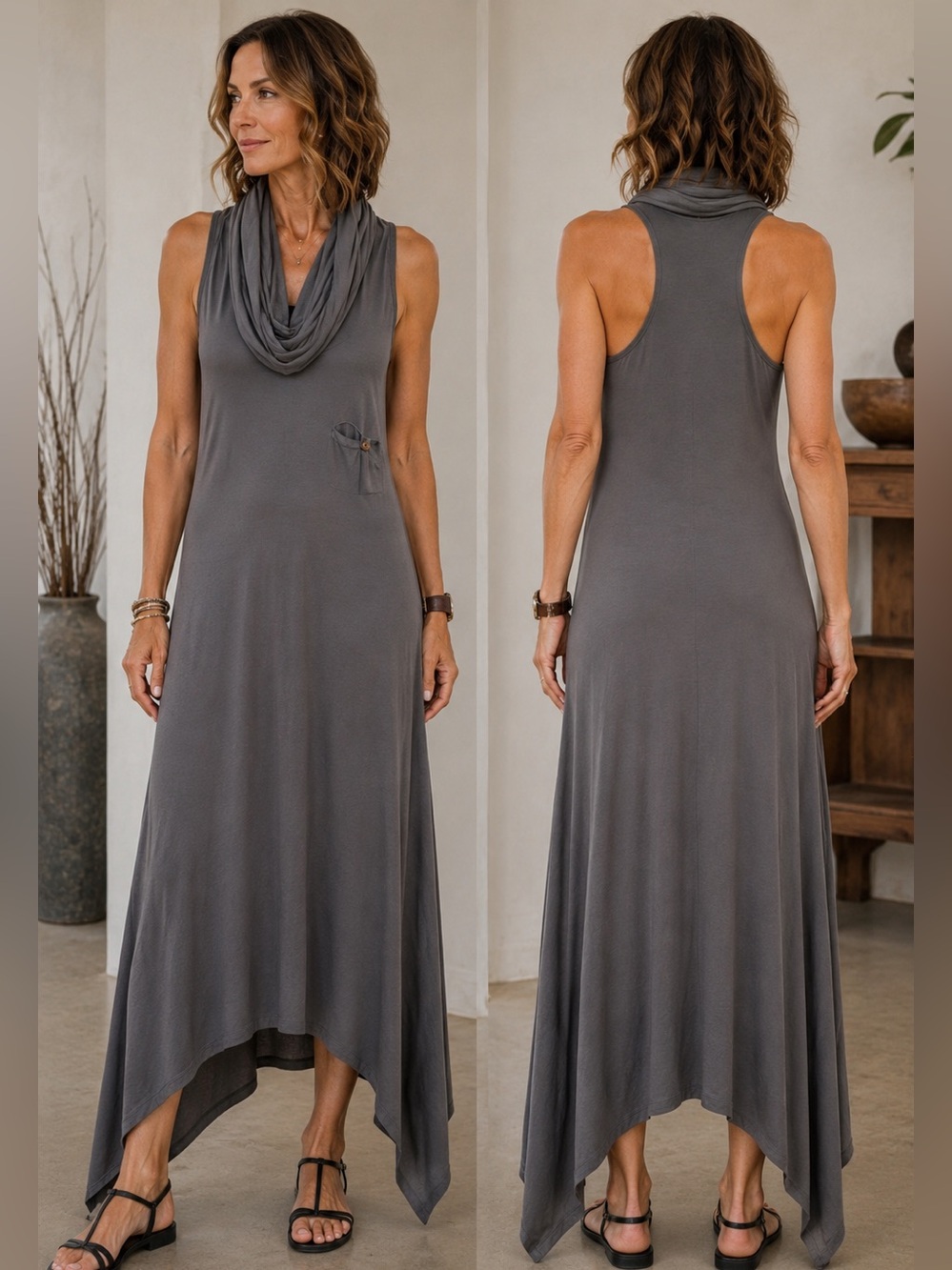 Modal Maxi Dress Cowl Neck Handkerchief Hem Boho Lagenlook